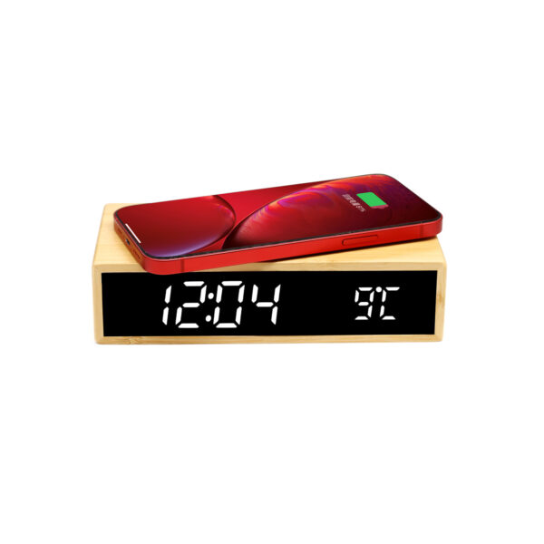 Smart LED Bamboo Wood Wireless Charging Alarm Clock - Image 3