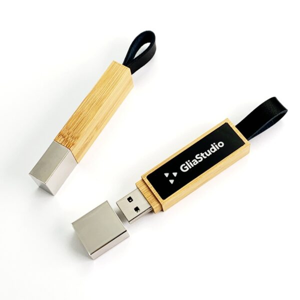 LED Wooden USB Drive with Leather Loop | Colorful Light-Up - Image 2