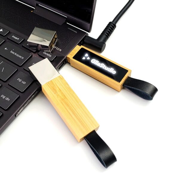 LED Wooden USB Drive with Leather Loop | Colorful Light-Up - Image 5