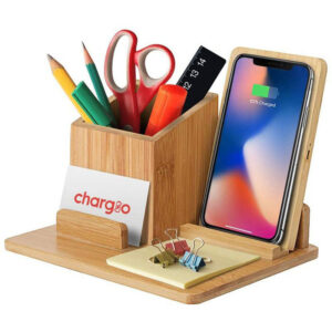 Bamboo Desk Organizer & Wireless Charger | Pen Holder
