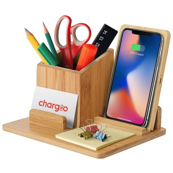 Bamboo Desk Organizer & Wireless Charger | Pen Holder