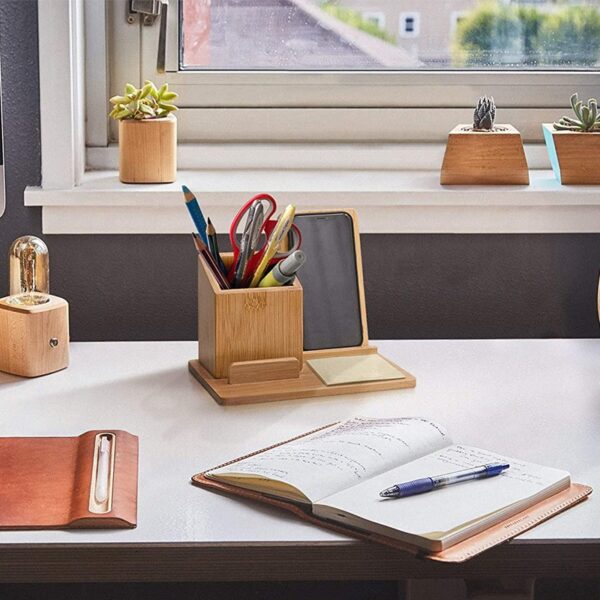 Bamboo Desk Organizer & Wireless Charger | Pen Holder - Image 3
