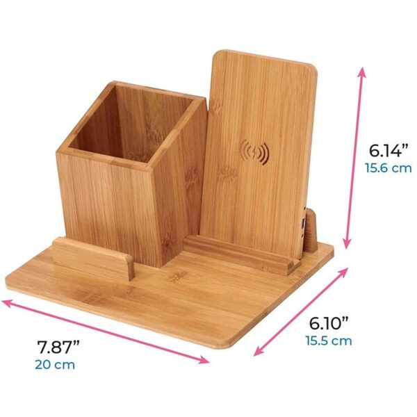 Bamboo Desk Organizer & Wireless Charger | Pen Holder - Image 2