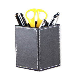Black Leather Round Desk Pen Holder - Office Desktop Container