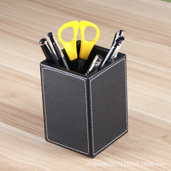 Black Leather Round Desk Pen Holder - Office Desktop Container - Image 2
