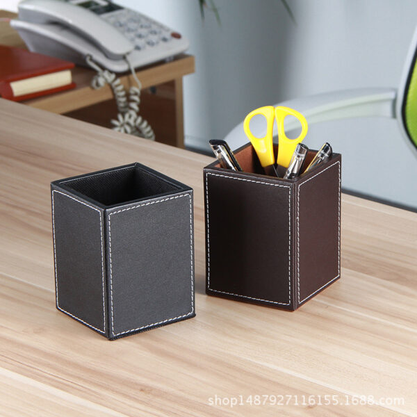 Black Leather Round Desk Pen Holder - Office Desktop Container - Image 5