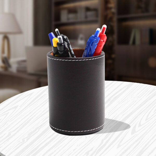 Black Leather Round Desk Pen Holder - Office Desktop Container - Image 3