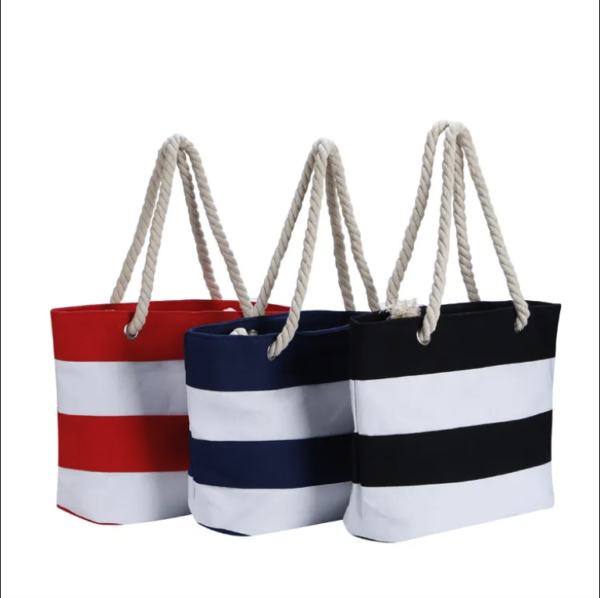 Fashion Stripe Beach Canvas Bags - Women's Large Shoulder Totes - Image 2