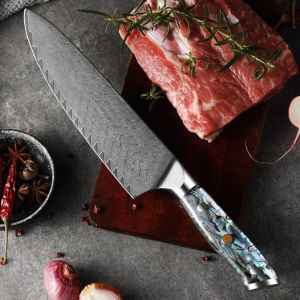 Custom Damascus Steel Santoku Knife Set with Abalone Handle - Image 3