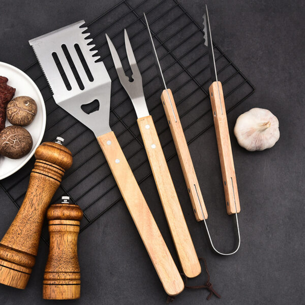 4-Piece Stainless Steel BBQ Tool Set with Wooden Handle - Image 3