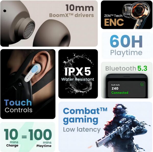 Boult Z40 Wireless Earbuds: 60H Playtime, Quad ENC, Low Latency, Fast Charge - Image 3