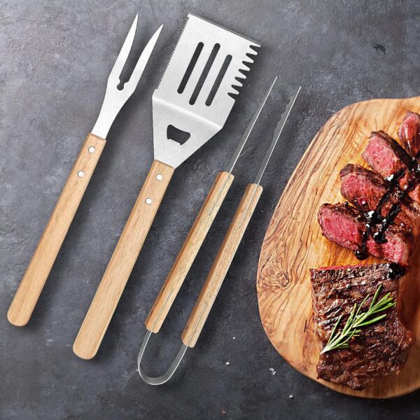 4-Piece Stainless Steel BBQ Tool Set with Wooden Handle - Image 2