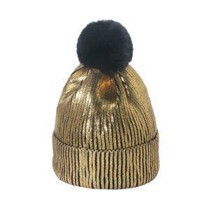 Gold Shiny Pom Pom Earflap Beanie - Warm Wool Hat