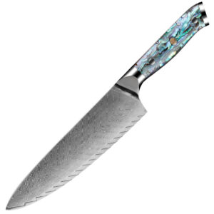 Custom Damascus Steel Santoku Knife Set with Abalone Handle
