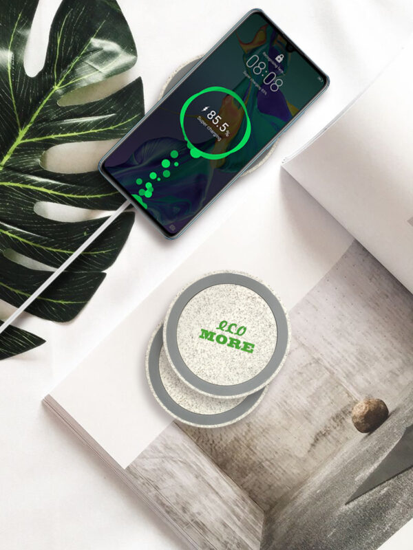 Wheat Straw Q5 Wireless Charger - 15W, Logo Print, Mini Round Cake Style - Image 3