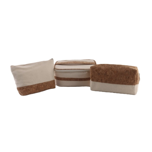 Cotton Canvas Wash Bag - Wood Grain, Travel, Eco Cork Cosmetic Set - Image 2