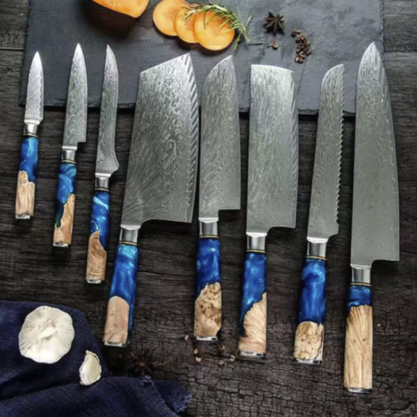 8-Pc Damascus Steel Amber Chef Knife Set - Image 6