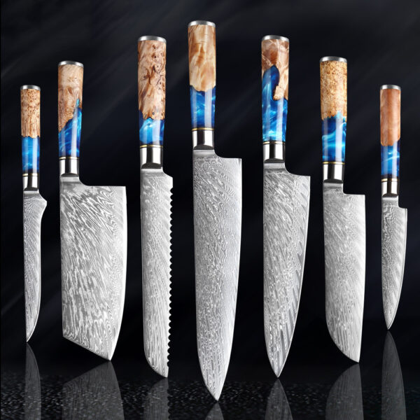 Damascus Steel Chef Knife: 67-Layer, Boning, Bread, Serrated, Resin Handle