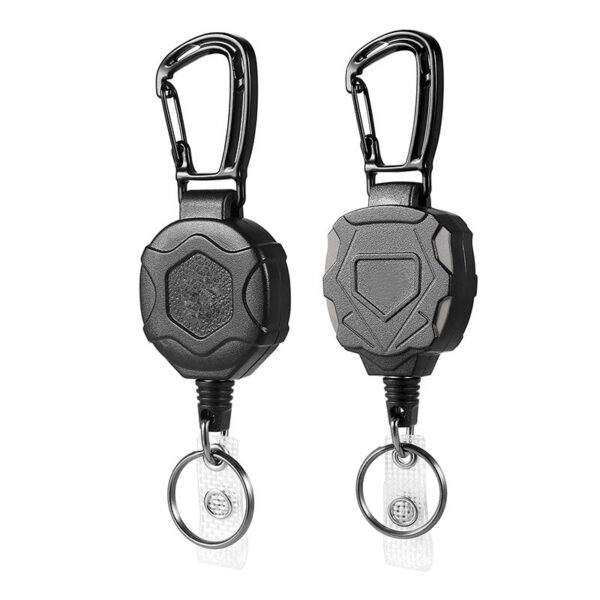 Black Plastic Keychain Reel: Multifunction, Retractable Cord, Carabiner Clip